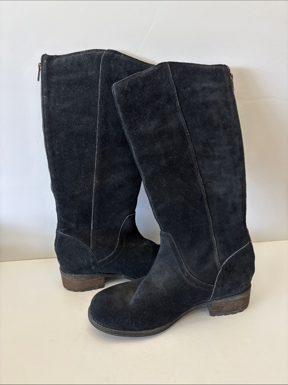 UGG Black Suede Knee-High Heeled Boots with Back Zip